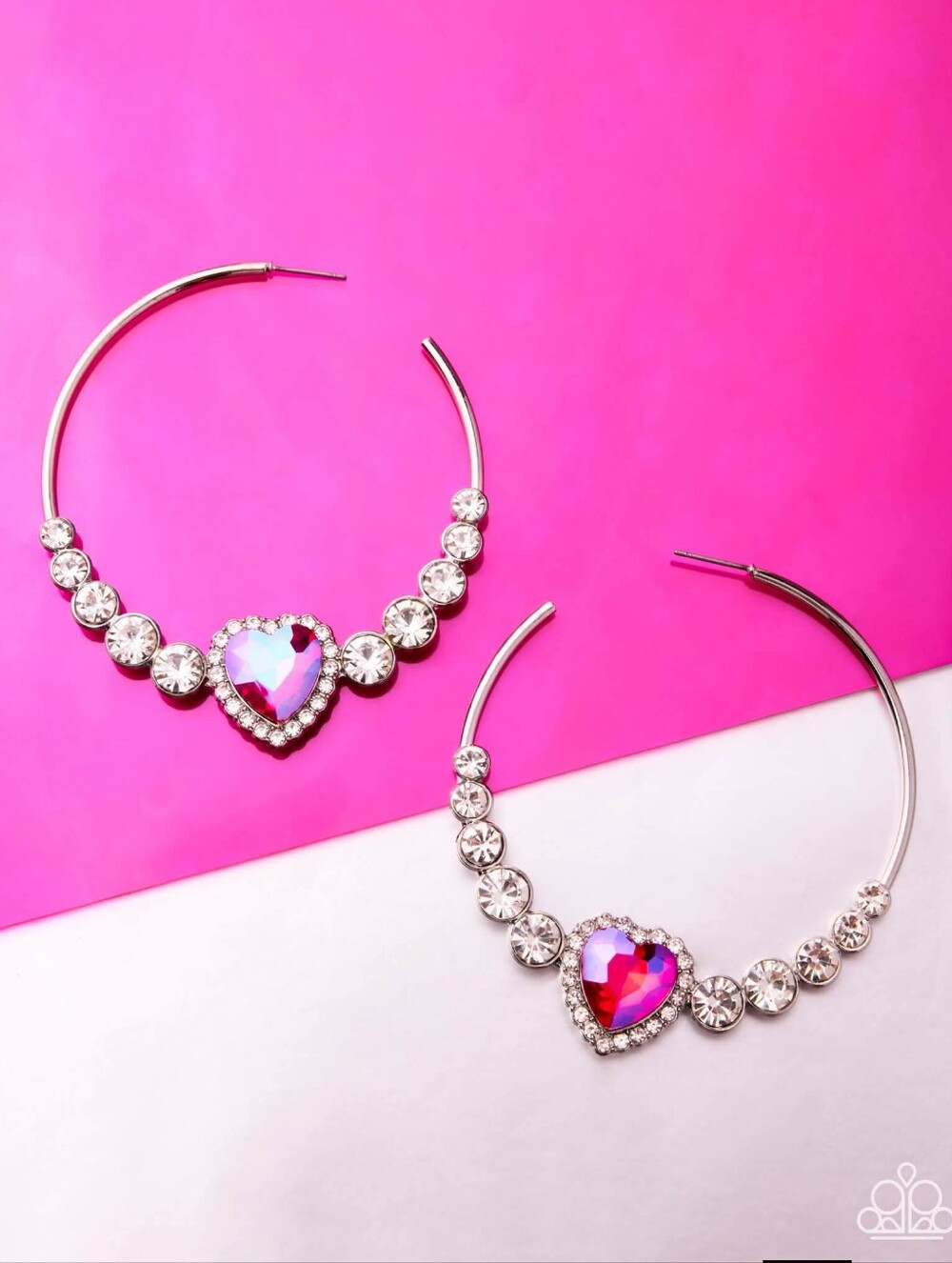 Crystal Heart Hoop Earrings - Pink Iridescent